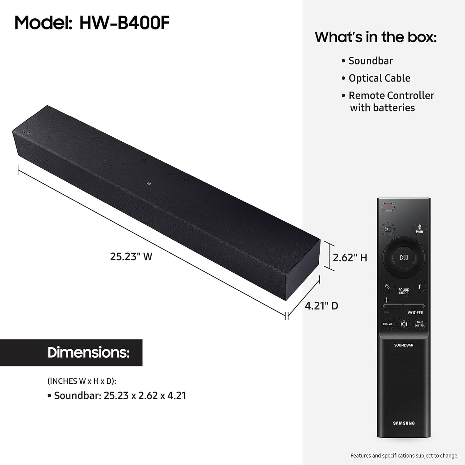 SAMSUNG SOUNDBAR HW-B400F 2.0CH WITHOUT SUBWOOFER