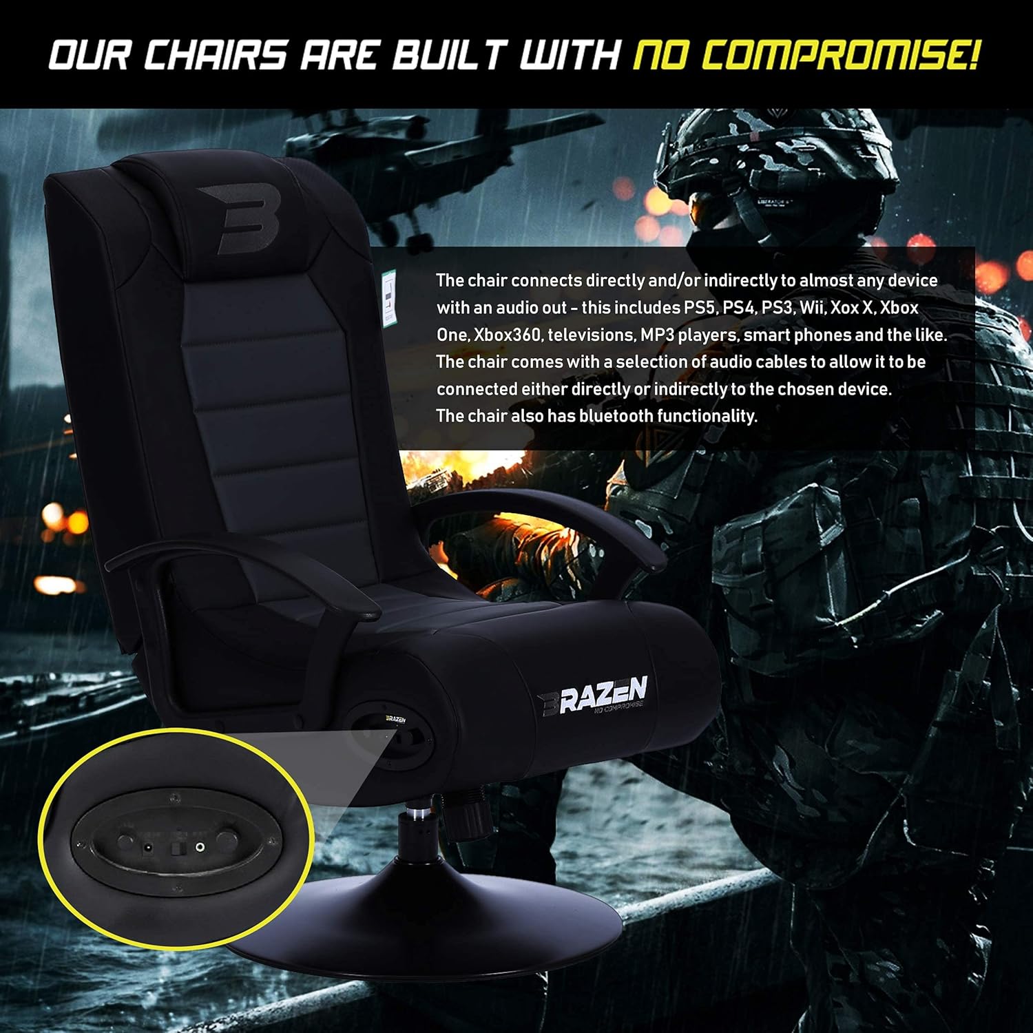 Brazen Chair BRAZEN GAMING CHAIR 2.1 BLUETOOTH SURROUND BLACK – Netgear Gibraltar LTD