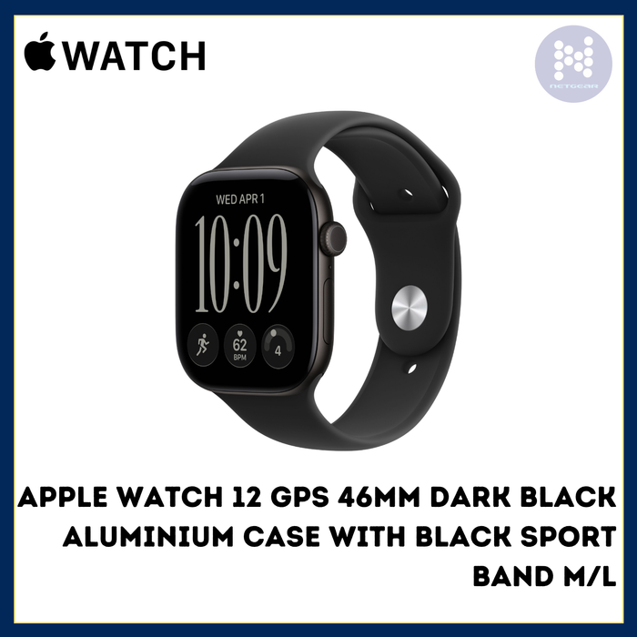 APPLE WATCH 12 GPS 46MM DARK BLACK ALUMINIUM CASE WITH BLACK SPORT BAND M/L